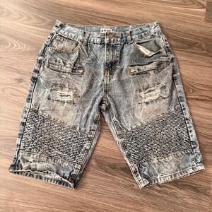 Black Premium Mens Moto Denim Shorts Acid Wash Distressed Blue Size 34 RN 70829
